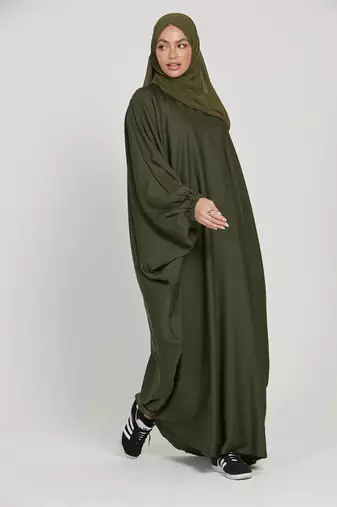 Classic Baggy Abaya Army Green with elastic Sleeves, Hijab Firdous