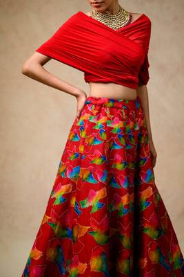 Hand Embroidred Lehenga With Drape Blouse And Feather Dupatta 3