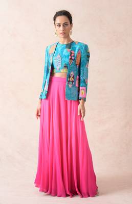 Hand Embroidered Ayra Chanderi Silk Jacket With Blouse And Ombre Lehenga 1