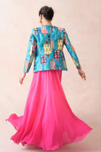 Hand Embroidered Ayra Chanderi Silk Jacket With Blouse And Ombre Lehenga