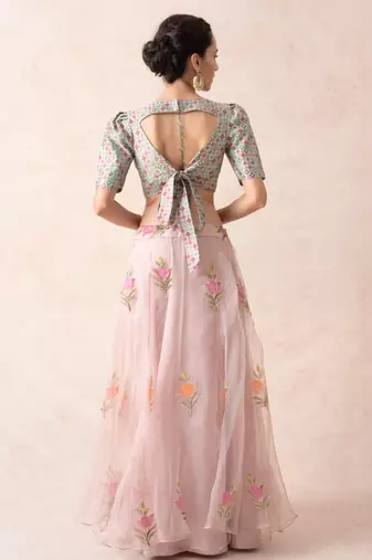 Embroidered Blouse With Organza Lehenga, Dupatta
