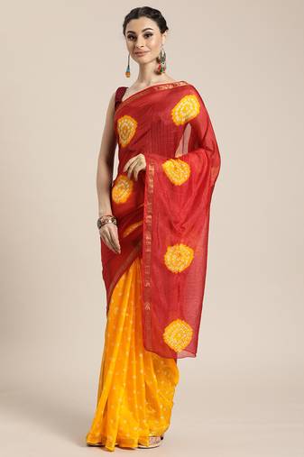 Hand Dyed Red & Yellow Bandhani Silk Sustainable Saree