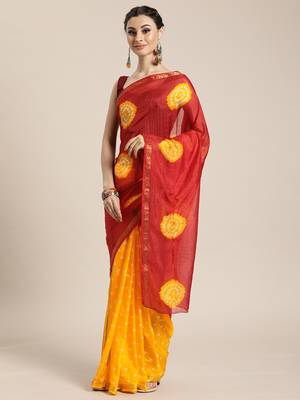 Hand Dyed Red & Yellow Bandhani Silk Sustainable Saree 1