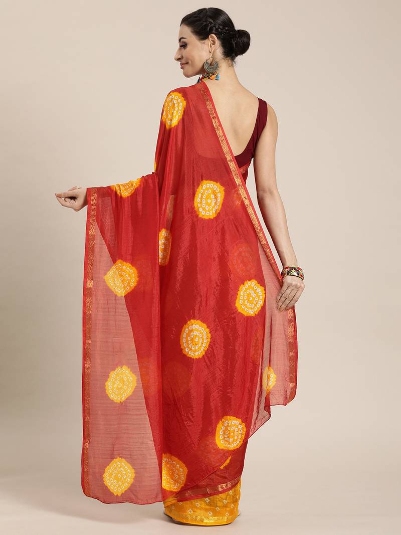 Hand Dyed Red & Yellow Bandhani Silk Sustainable Saree