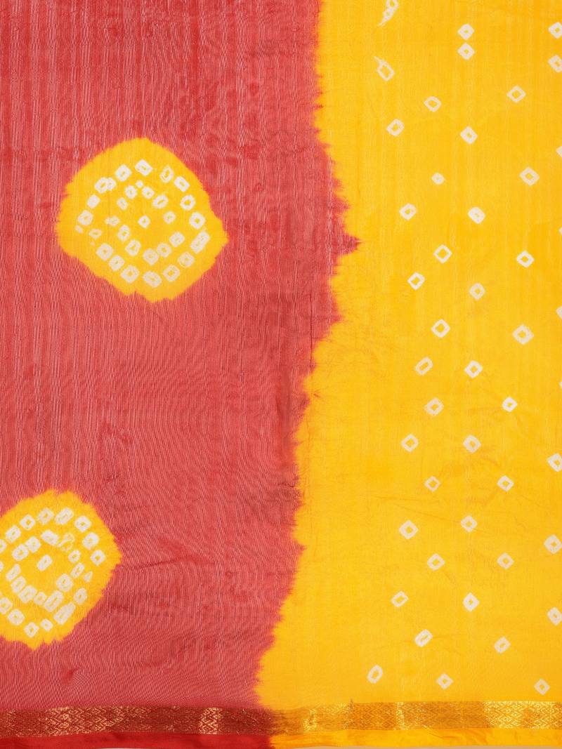 Hand Dyed Red & Yellow Bandhani Silk Sustainable Saree