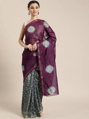 Hand Dyed Purple & Grey Bandhani Silk Saree 1