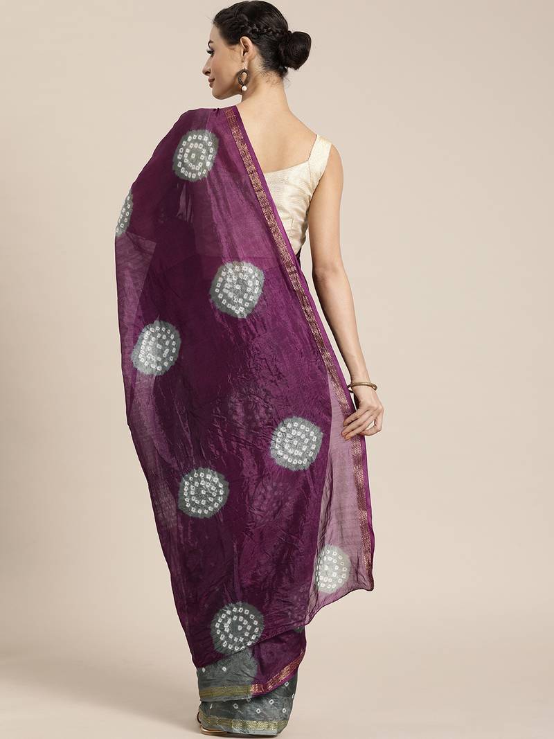 Hand Dyed Purple & Grey Bandhani Silk Saree