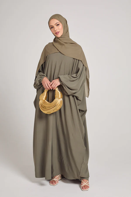 Classic Baggy Abaya khaki with elastic Sleeves, Hijab Firdous 1