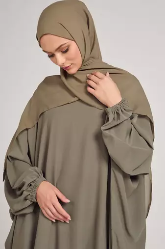 Classic Baggy Abaya khaki with elastic Sleeves, Hijab Firdous