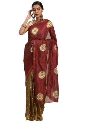 Hand Dyed Maroon & Olive Green Bandhani Silk Sustainable Saree 1