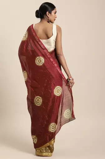 Hand Dyed Maroon & Olive Green Bandhani Silk Sustainable Saree