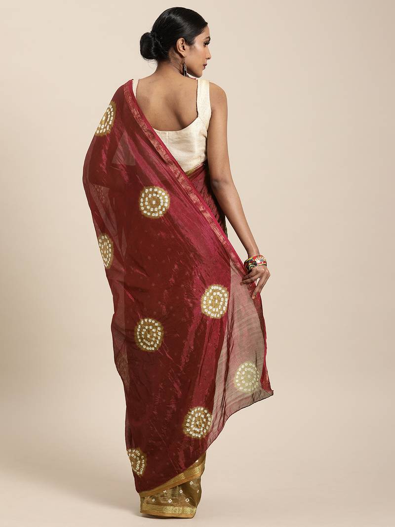 Hand Dyed Maroon & Olive Green Bandhani Silk Sustainable Saree