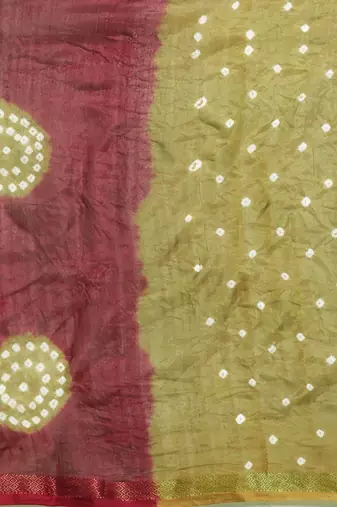 Hand Dyed Maroon & Olive Green Bandhani Silk Sustainable Saree