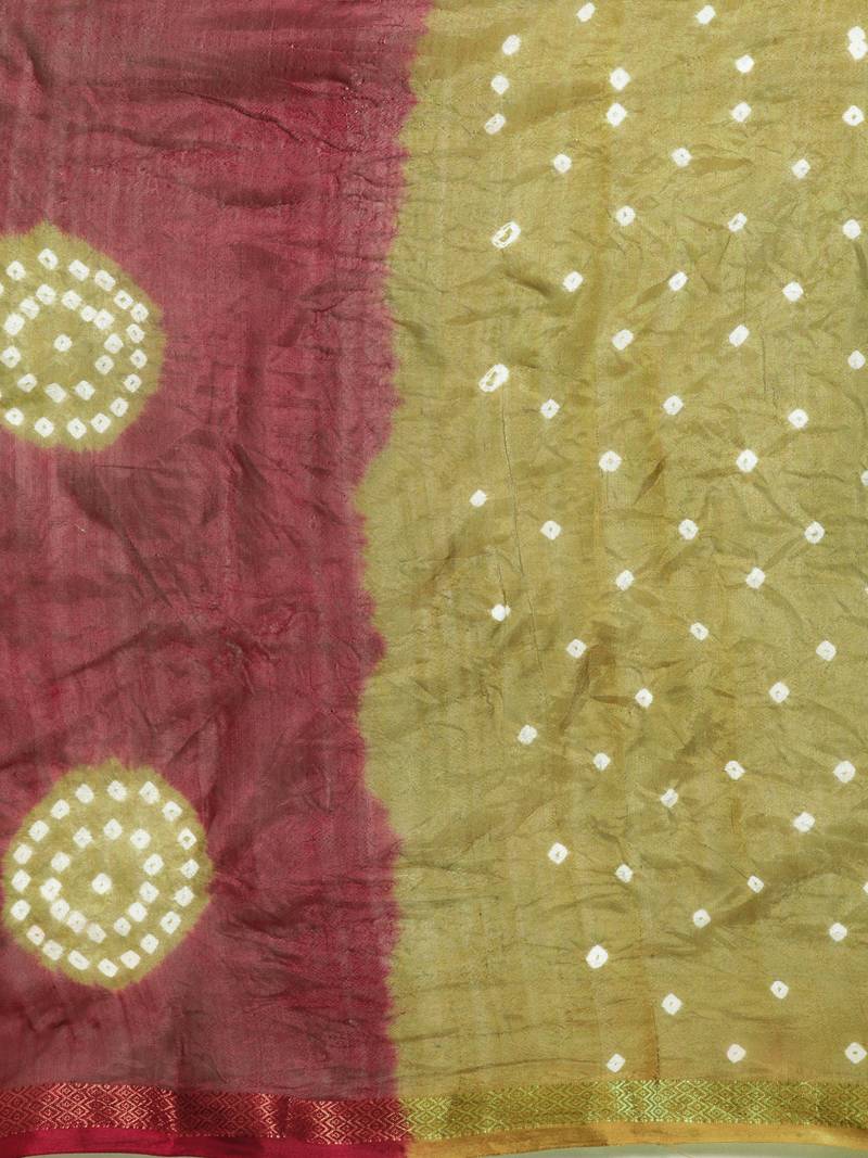 Hand Dyed Maroon & Olive Green Bandhani Silk Sustainable Saree