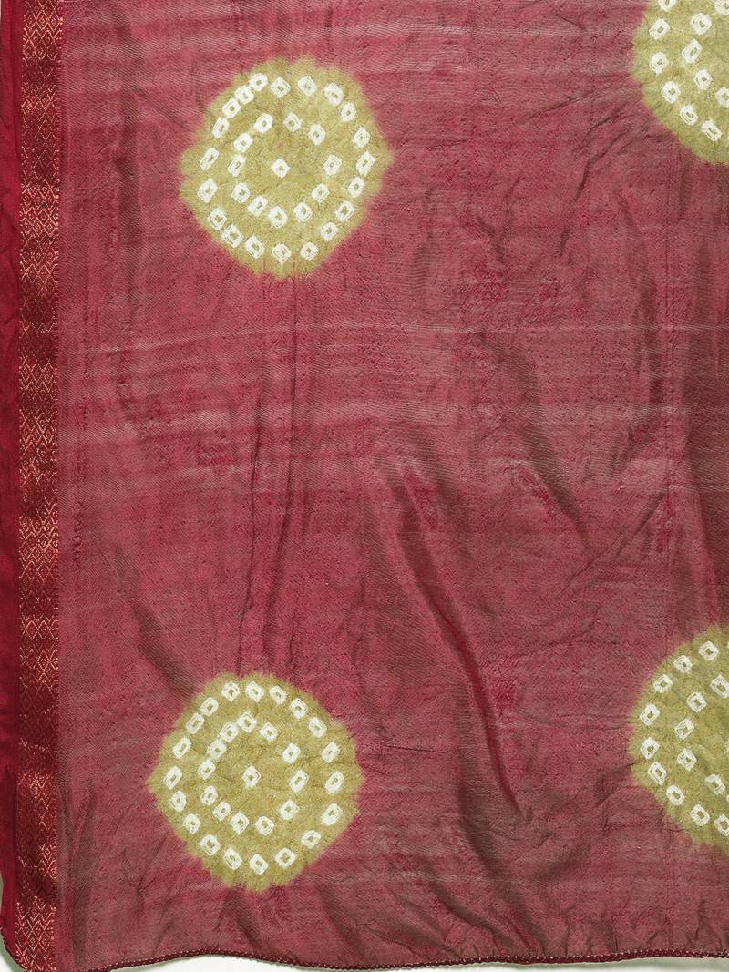 Hand Dyed Maroon & Olive Green Bandhani Silk Sustainable Saree