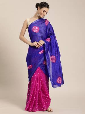 Hand Dyed Blue & Pink Bandhani Silk Sustainable Saree 1