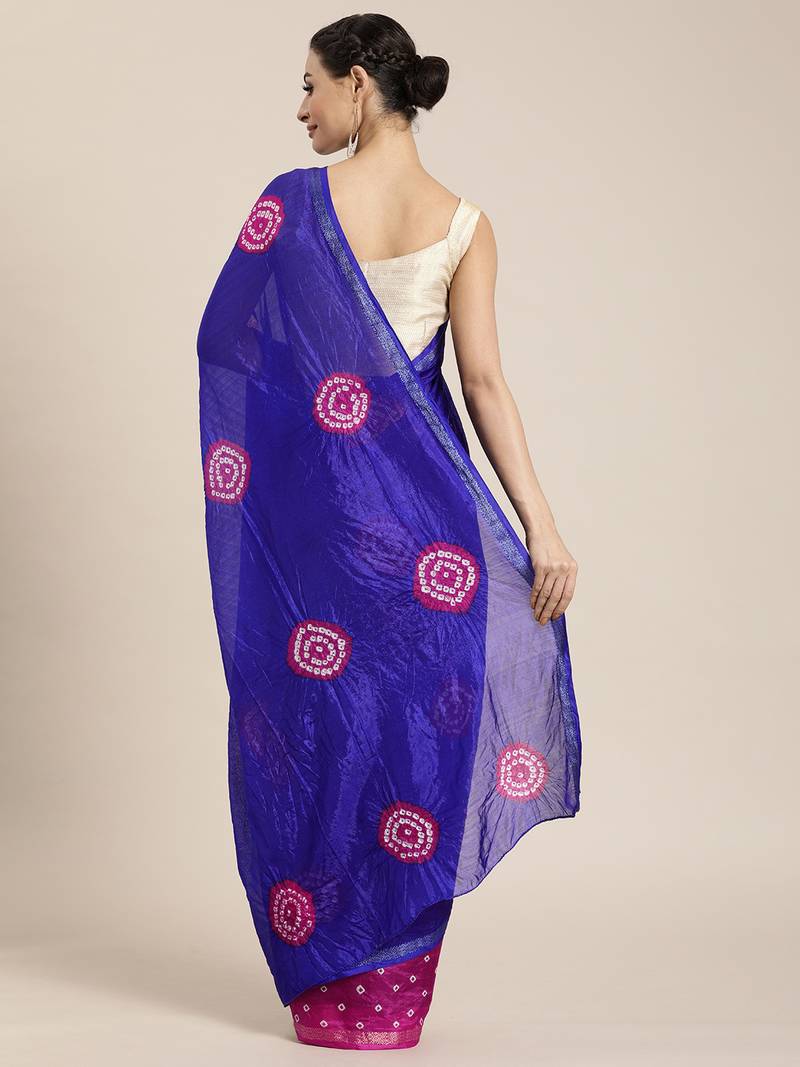 Hand Dyed Blue & Pink Bandhani Silk Sustainable Saree