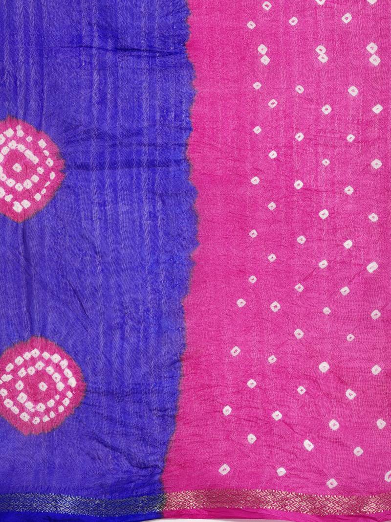 Hand Dyed Blue & Pink Bandhani Silk Sustainable Saree