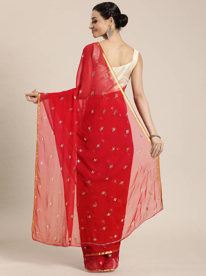 Red Gota Patti Hand Embroidered Pure Chiffon Sustainable Saree