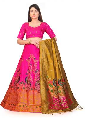 PINK women jacquard woven design semi stich lehenga & unstiched blouse with dupatta 1