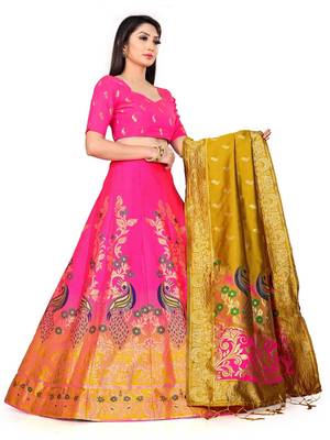 PINK women jacquard woven design semi stich lehenga & unstiched blouse with dupatta 3