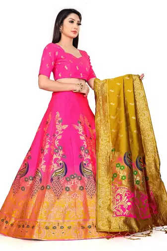 PINK women jacquard woven design semi stich lehenga & unstiched blouse with dupatta