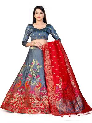 GREY women jacquard woven design semi stich lehenga & unstiched blouse with dupatta 1