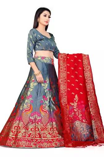GREY women jacquard woven design semi stich lehenga & unstiched blouse with dupatta