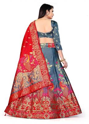 GREY women jacquard woven design semi stich lehenga & unstiched blouse with dupatta 3