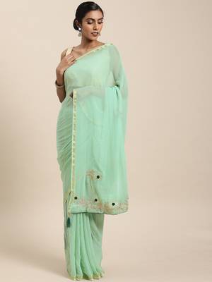 Green Gota Patti Hand Embroidered Georgette Sustainable Saree 1