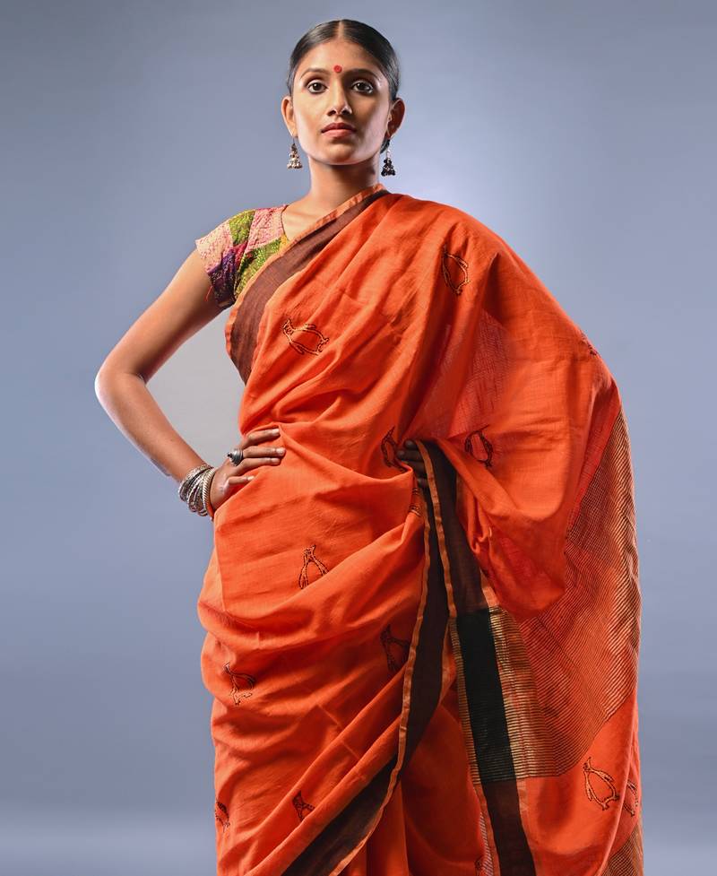 Manas ghorai women's pure cotton handloom kantha saree without blouse - 5.5 meter(orange)