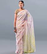 Manas ghorai women's pure cotton hand painted kantha saree without blouse (orange, yellow, red, lemon green on kora)