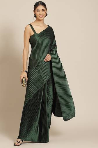 Women's Dark Green Satin Platted Work Designer Saree with Blouse