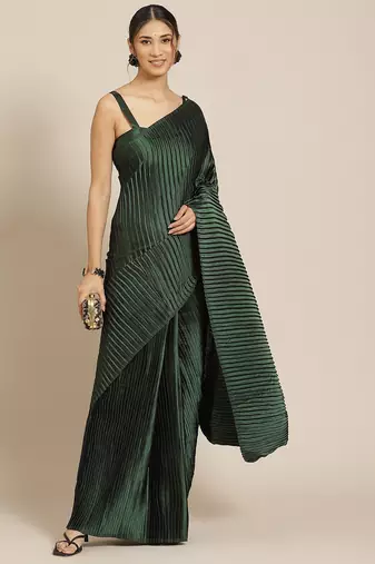 Women's Dark Green Satin Platted Work Designer Saree with Blouse