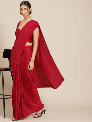 Women's Red Satin Platted Work Designer Saree with Blouse 1