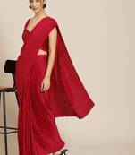 Women's Red Satin Platted Work Designer Saree with Blouse
