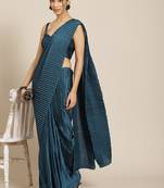 Women's Blue Satin Platted Work Designer Saree with Blouse