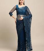 Women's Navy Blue Net Embroidered Designer Saree with Blouse