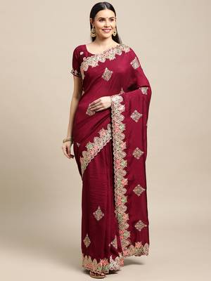 Women's Maroon Silk Blend Embroidered Designer Saree with Blouse 1