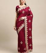 Women's Maroon Silk Blend Embroidered Designer Saree with Blouse