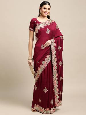 Women's Maroon Silk Blend Embroidered Designer Saree with Blouse 2