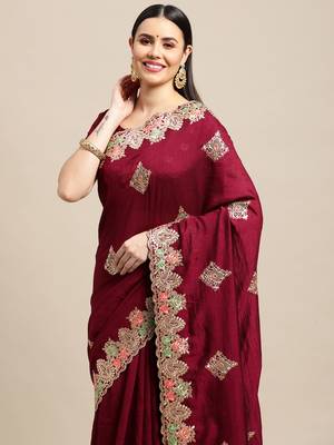 Women's Maroon Silk Blend Embroidered Designer Saree with Blouse 3