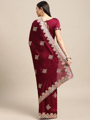 Women's Maroon Silk Blend Embroidered Designer Saree with Blouse 4