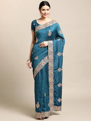 Women's Blue Silk Blend Embroidered Designer Saree with Blouse 1