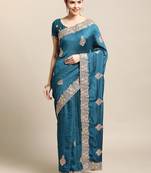 Women's Blue Silk Blend Embroidered Designer Saree with Blouse