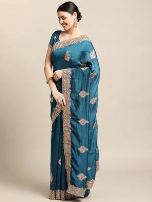 Women's Blue Silk Blend Embroidered Designer Saree with Blouse 2