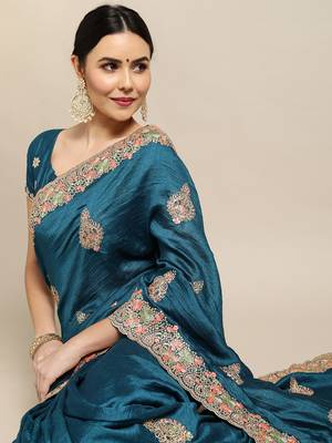 Women's Blue Silk Blend Embroidered Designer Saree with Blouse 3