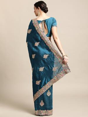 Women's Blue Silk Blend Embroidered Designer Saree with Blouse 4