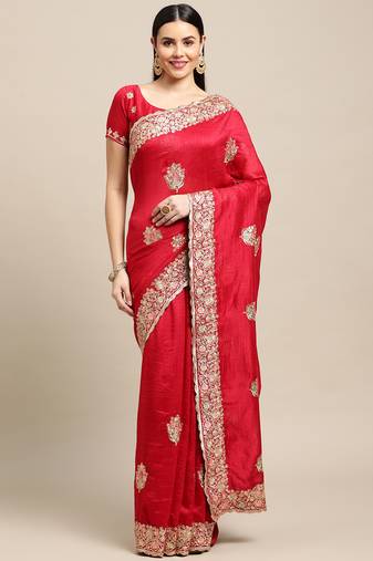 Women's Red Silk Blend Embroidered Designer Saree with Blouse