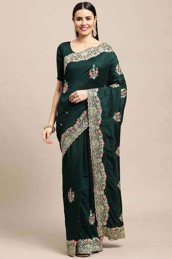 Women's Dark Green Silk Blend Embroidered Designer Saree with Blouse